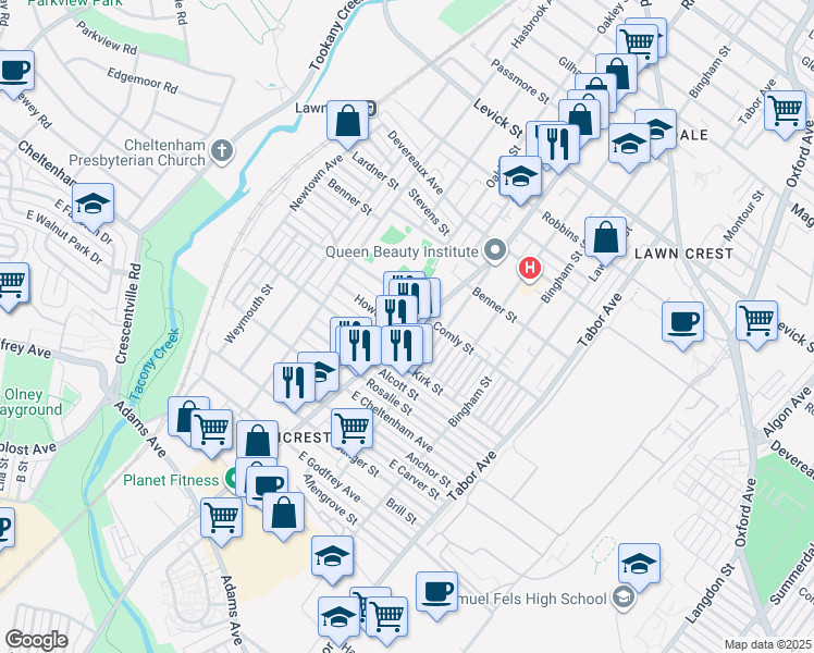 map of restaurants, bars, coffee shops, grocery stores, and more near 5918 Rising Sun Avenue in Philadelphia