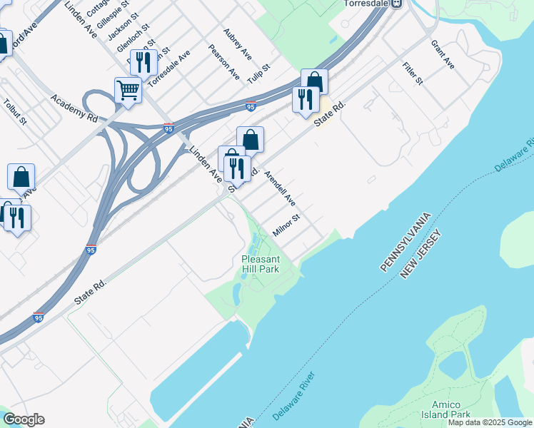 map of restaurants, bars, coffee shops, grocery stores, and more near 9214 Cambridge Street in Philadelphia