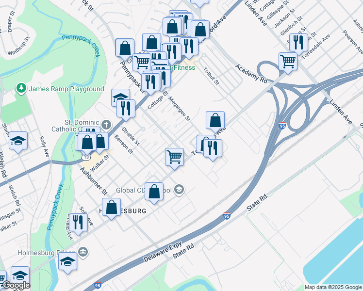 map of restaurants, bars, coffee shops, grocery stores, and more near 8722 Ditman Street in Philadelphia