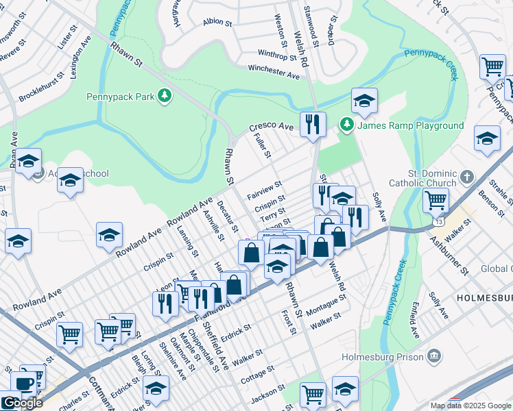 map of restaurants, bars, coffee shops, grocery stores, and more near 8008 Crispin Street in Philadelphia