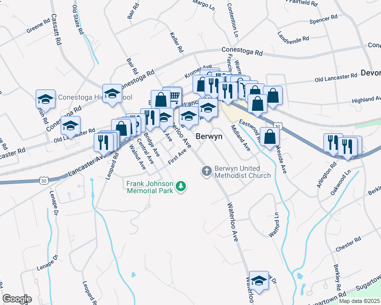 map of restaurants, bars, coffee shops, grocery stores, and more near 71 Waterloo Avenue in Berwyn
