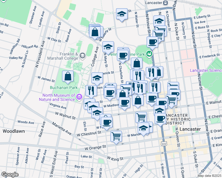 map of restaurants, bars, coffee shops, grocery stores, and more near 446 West James Street in Lancaster