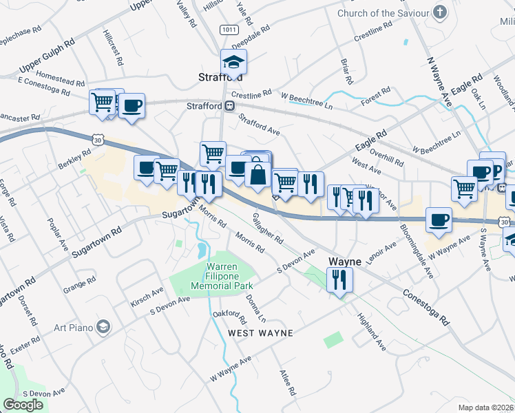 map of restaurants, bars, coffee shops, grocery stores, and more near 511 W Lancaster Ave in Wayne