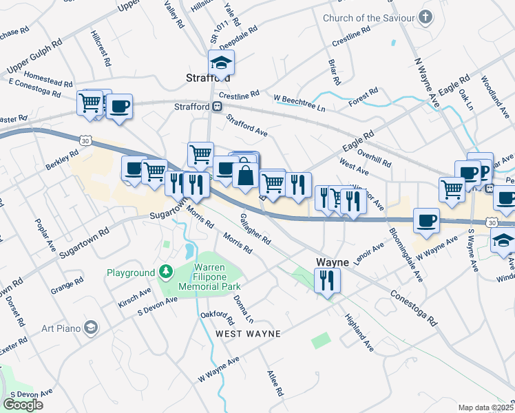 map of restaurants, bars, coffee shops, grocery stores, and more near 503 West Lancaster Avenue in Wayne