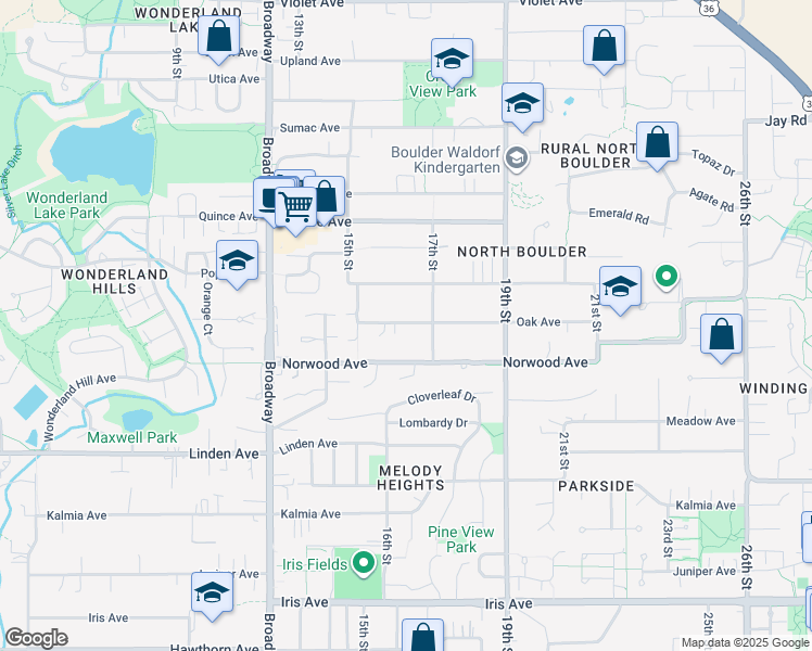 map of restaurants, bars, coffee shops, grocery stores, and more near 1552 Oak Avenue in Boulder