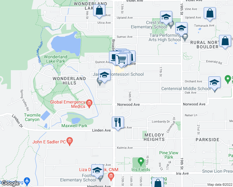 map of restaurants, bars, coffee shops, grocery stores, and more near 3874 Broadway Street in Boulder