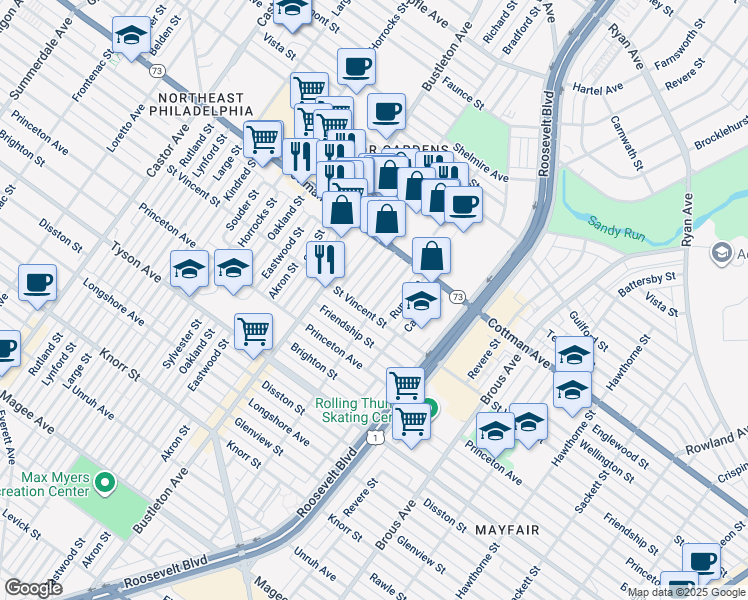 map of restaurants, bars, coffee shops, grocery stores, and more near 7214 Leonard Street in Philadelphia