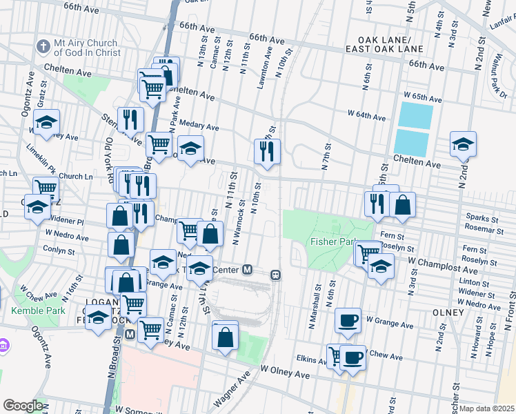map of restaurants, bars, coffee shops, grocery stores, and more near 6047 North 10th Street in Philadelphia