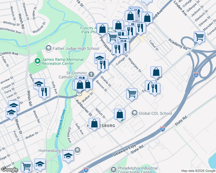 map of restaurants, bars, coffee shops, grocery stores, and more near 4432 Strahle Street in Philadelphia