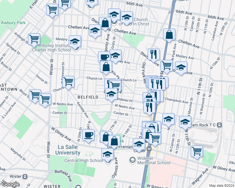map of restaurants, bars, coffee shops, grocery stores, and more near 1716 West Champlost Avenue in Philadelphia