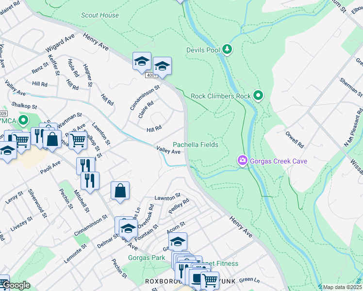 map of restaurants, bars, coffee shops, grocery stores, and more near 6808 Henry Avenue in Philadelphia
