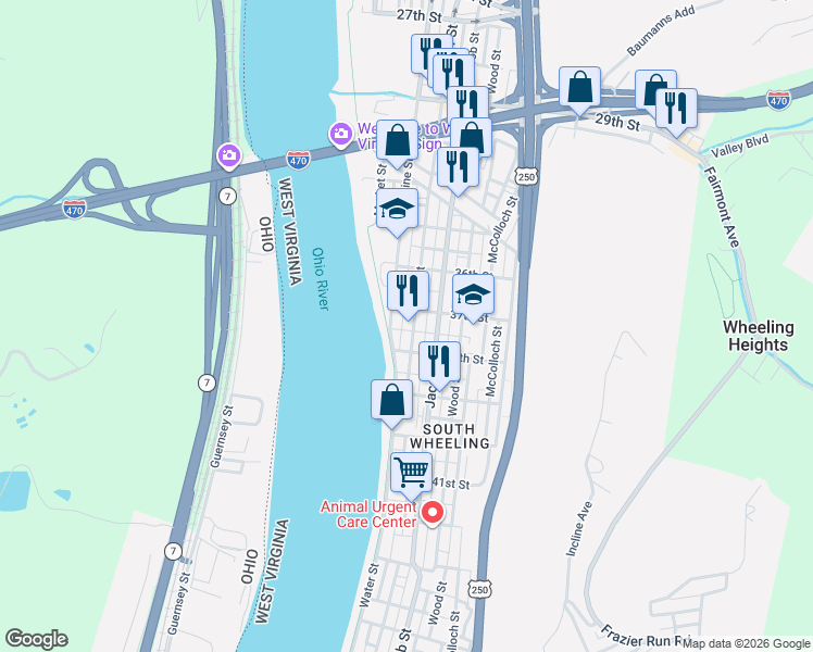 map of restaurants, bars, coffee shops, grocery stores, and more near in Wheeling