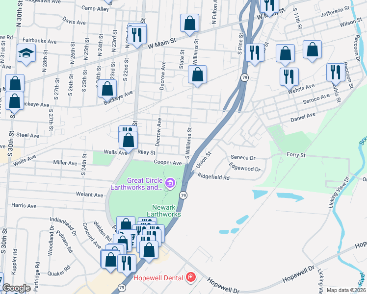 map of restaurants, bars, coffee shops, grocery stores, and more near 74 Hancock Street in Newark