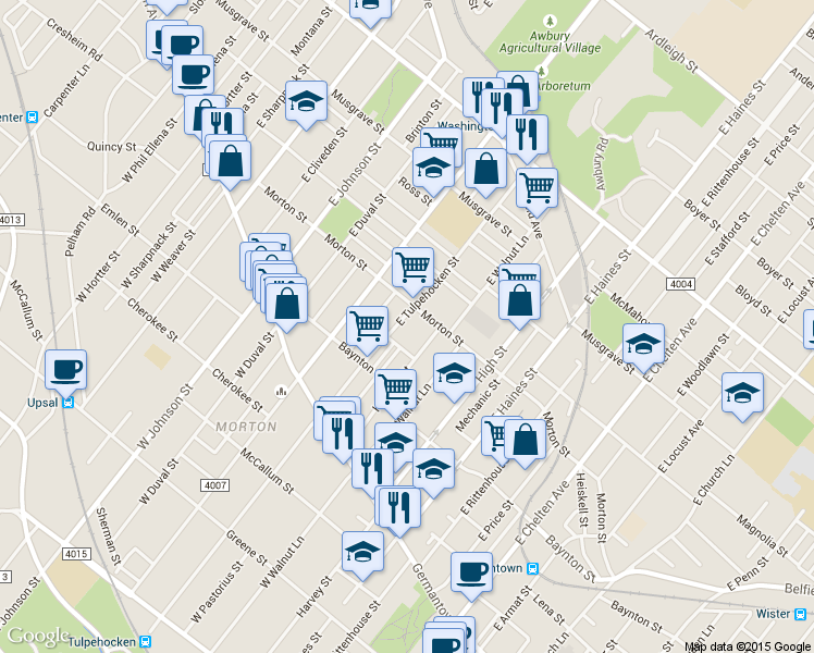 map of restaurants, bars, coffee shops, grocery stores, and more near 166 East Tulpehocken Street in Philadelphia