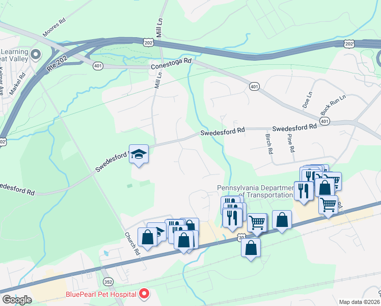 map of restaurants, bars, coffee shops, grocery stores, and more near 4 Westgate Circle in Malvern