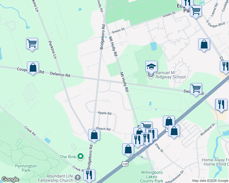 map of restaurants, bars, coffee shops, grocery stores, and more near Cooper Valley Village Road in Edgewater Park