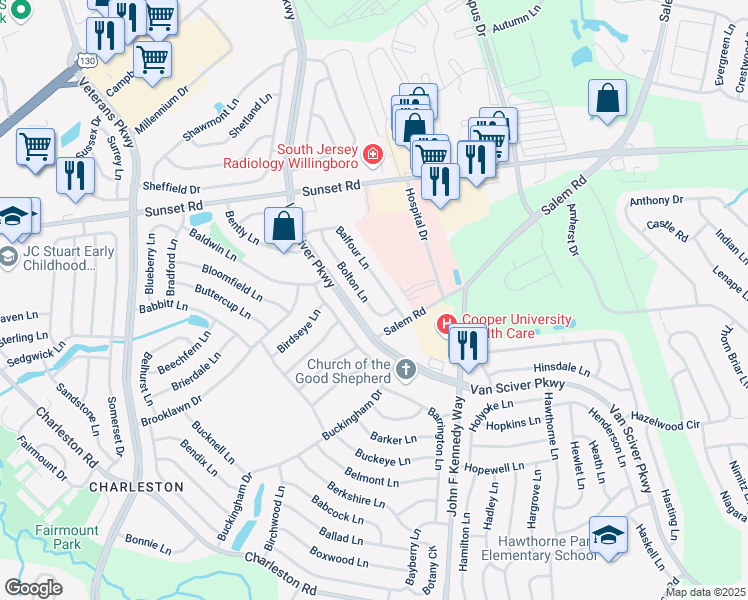 map of restaurants, bars, coffee shops, grocery stores, and more near 59 Balfour Lane in Willingboro