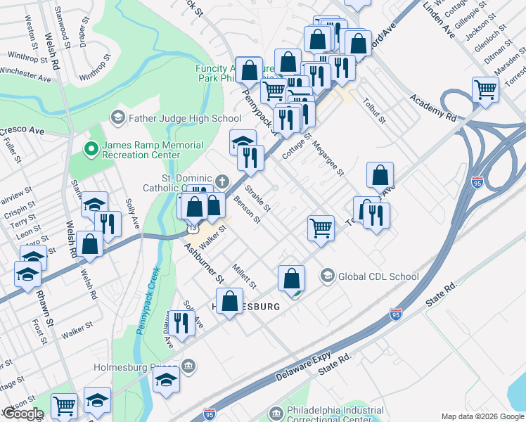map of restaurants, bars, coffee shops, grocery stores, and more near 4432 Strahle Street in Philadelphia