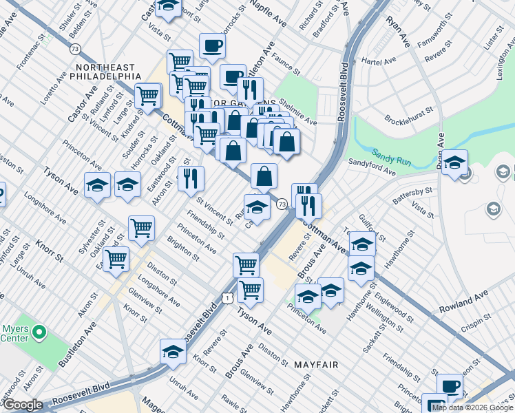 map of restaurants, bars, coffee shops, grocery stores, and more near 7266 Rupert Street in Philadelphia