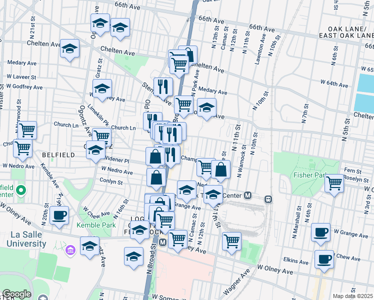 map of restaurants, bars, coffee shops, grocery stores, and more near 1346 West Spencer Street in Philadelphia