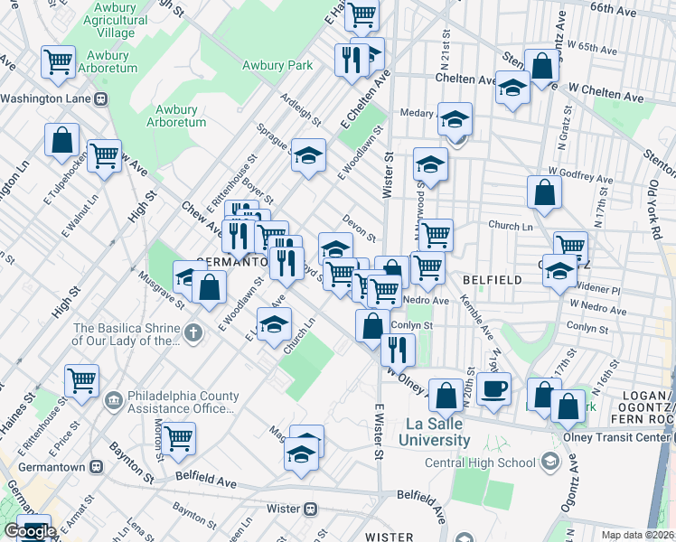 map of restaurants, bars, coffee shops, grocery stores, and more near 5535 Boyer Street in Philadelphia