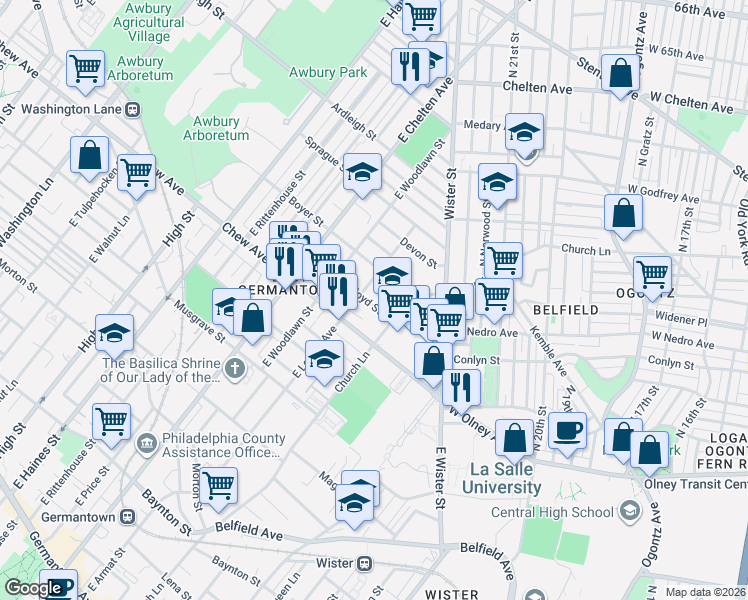 map of restaurants, bars, coffee shops, grocery stores, and more near 845 East Locust Avenue in Philadelphia