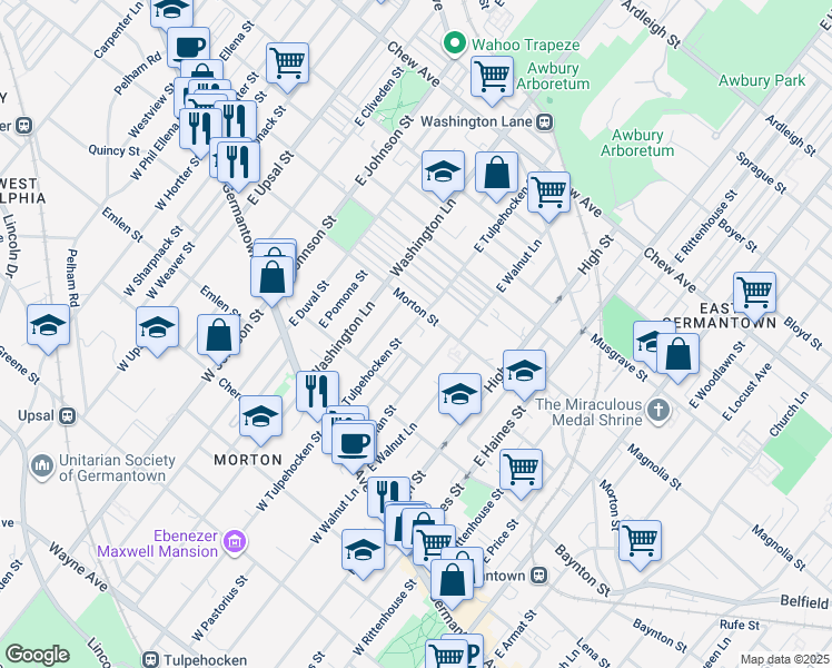 map of restaurants, bars, coffee shops, grocery stores, and more near 166 East Tulpehocken Street in Philadelphia