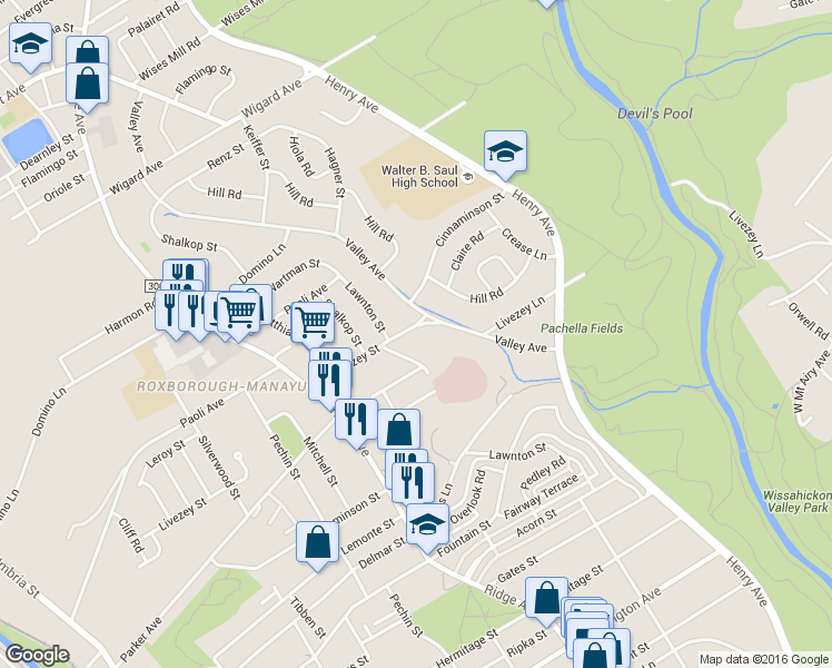 map of restaurants, bars, coffee shops, grocery stores, and more near 7100 Valley Avenue in Philadelphia