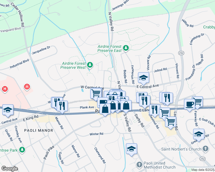 map of restaurants, bars, coffee shops, grocery stores, and more near 24 Woodbine Avenue in Paoli