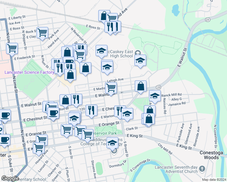 map of restaurants, bars, coffee shops, grocery stores, and more near 859 East Madison Street in Lancaster