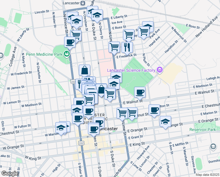 map of restaurants, bars, coffee shops, grocery stores, and more near 139 Spruce Street in Lancaster