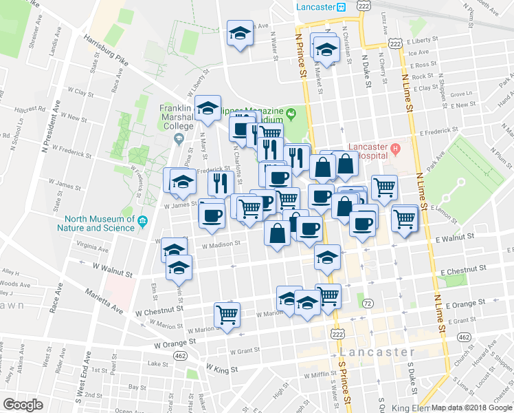map of restaurants, bars, coffee shops, grocery stores, and more near 438 North Concord Street in Lancaster