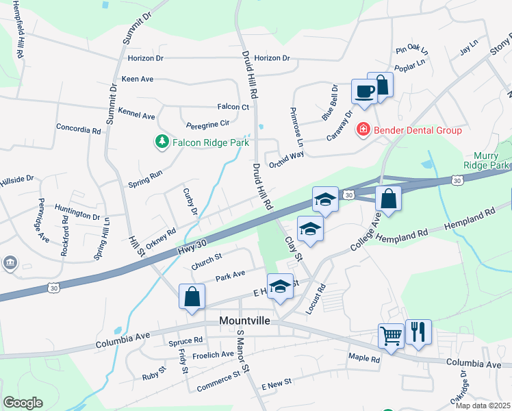map of restaurants, bars, coffee shops, grocery stores, and more near 3590 Orkney Road in Mountville