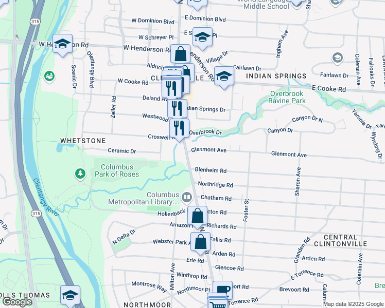 map of restaurants, bars, coffee shops, grocery stores, and more near 4080 North High Street in Columbus