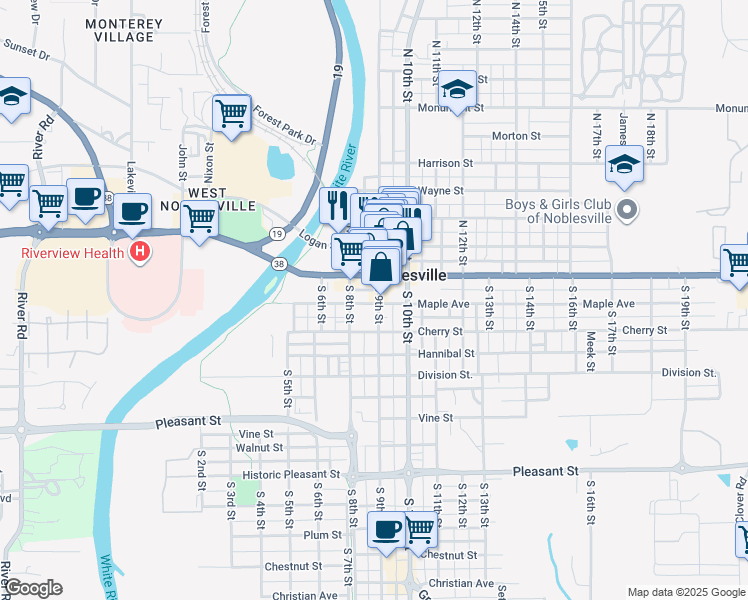 map of restaurants, bars, coffee shops, grocery stores, and more near 933 Conner Street in Noblesville