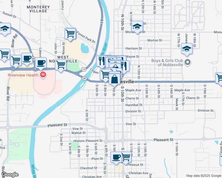 map of restaurants, bars, coffee shops, grocery stores, and more near 880 Maple Avenue in Noblesville