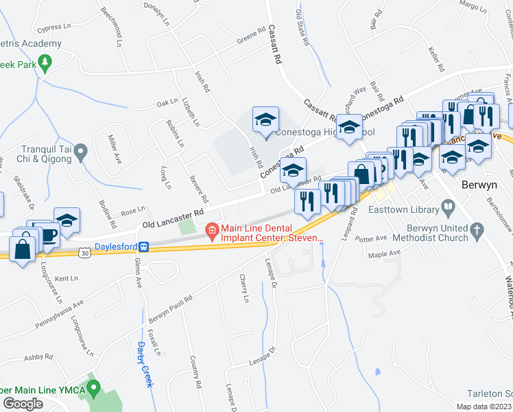 map of restaurants, bars, coffee shops, grocery stores, and more near 14 Conestoga Lane in Berwyn