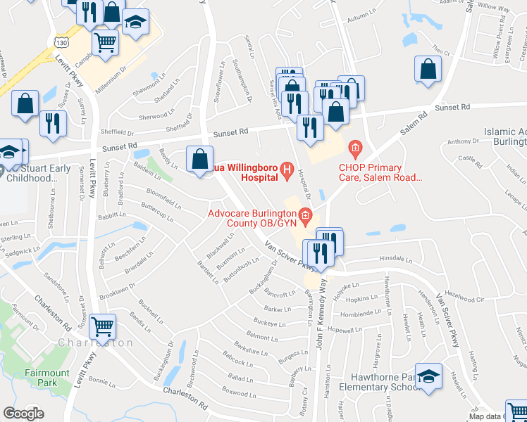 map of restaurants, bars, coffee shops, grocery stores, and more near 51 Bolton Lane in Willingboro