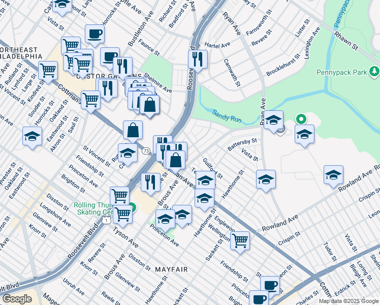 map of restaurants, bars, coffee shops, grocery stores, and more near 7341 Revere Street in Philadelphia