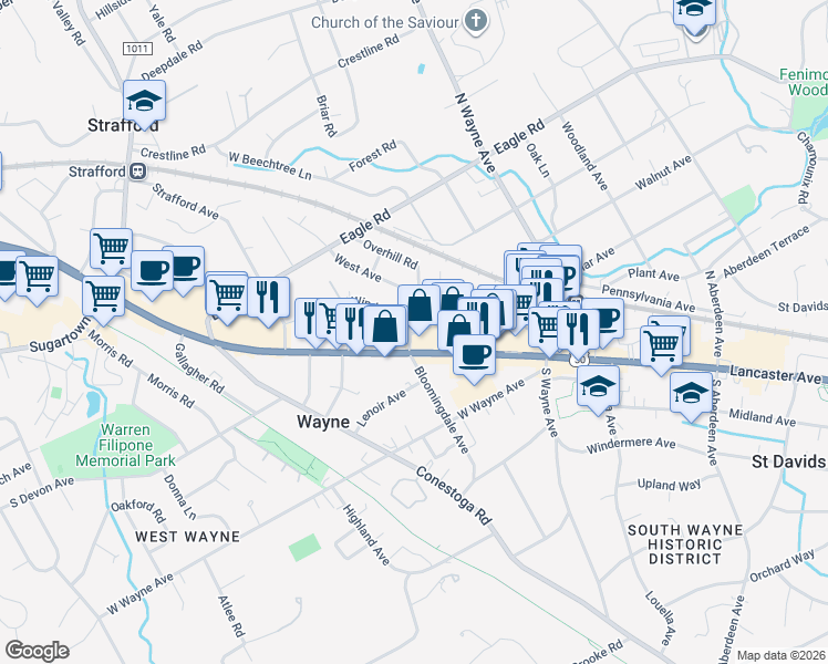 map of restaurants, bars, coffee shops, grocery stores, and more near 108 Francis Avenue in Wayne