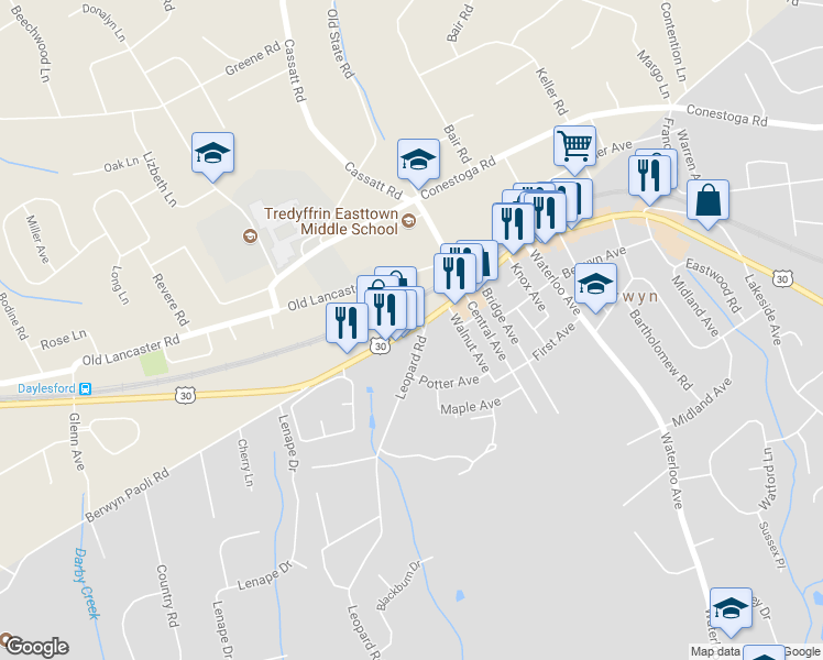 map of restaurants, bars, coffee shops, grocery stores, and more near 1103 Lincoln Highway in Berwyn