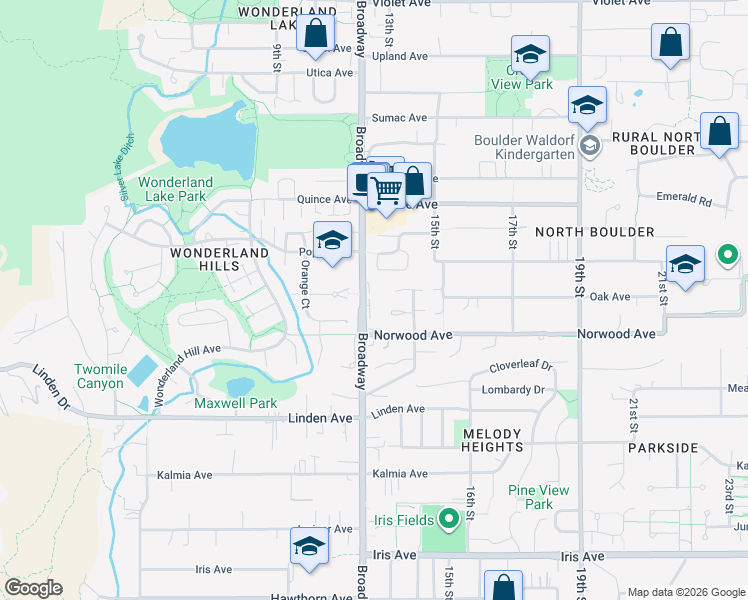map of restaurants, bars, coffee shops, grocery stores, and more near 3874 Broadway in Boulder