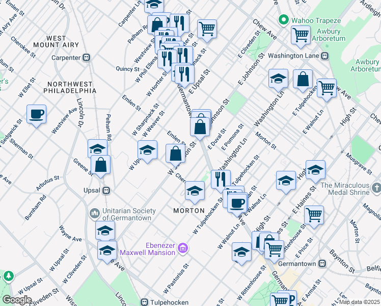 map of restaurants, bars, coffee shops, grocery stores, and more near 40 West Johnson Street in Philadelphia