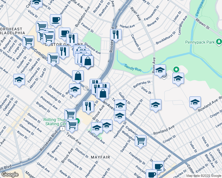map of restaurants, bars, coffee shops, grocery stores, and more near 7341 Revere Street in Philadelphia