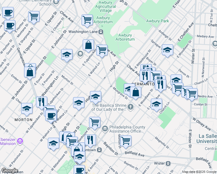map of restaurants, bars, coffee shops, grocery stores, and more near 526 High Street in Philadelphia