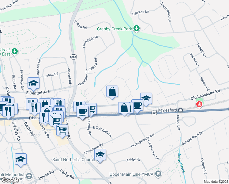 map of restaurants, bars, coffee shops, grocery stores, and more near 1629 Harvard Lane in Paoli