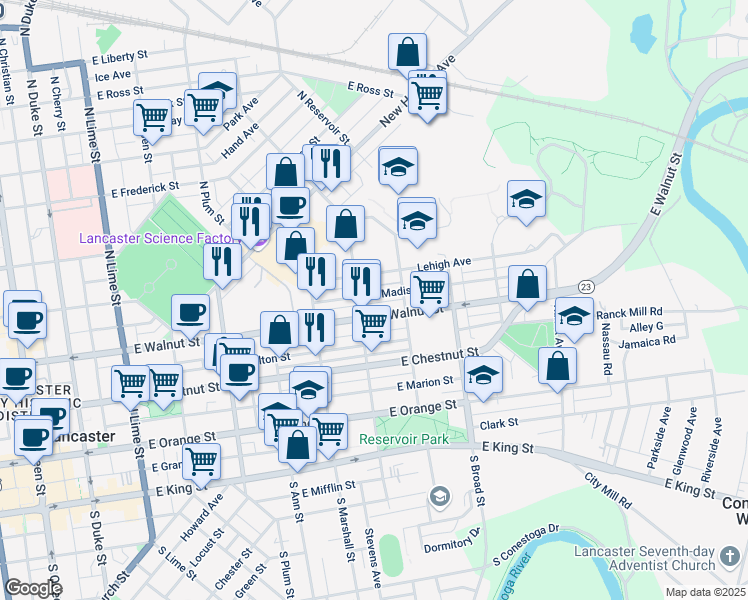 map of restaurants, bars, coffee shops, grocery stores, and more near 718 East Madison Street in Lancaster