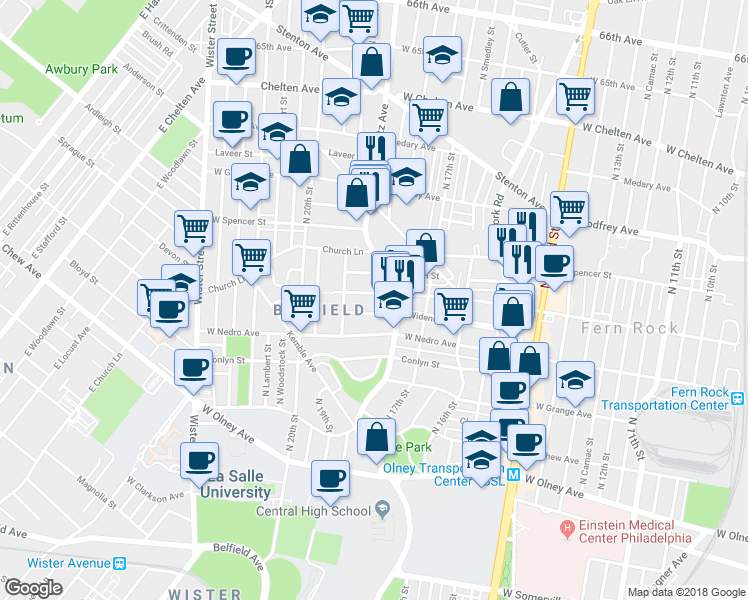 map of restaurants, bars, coffee shops, grocery stores, and more near 1824 West Champlost Street in Philadelphia