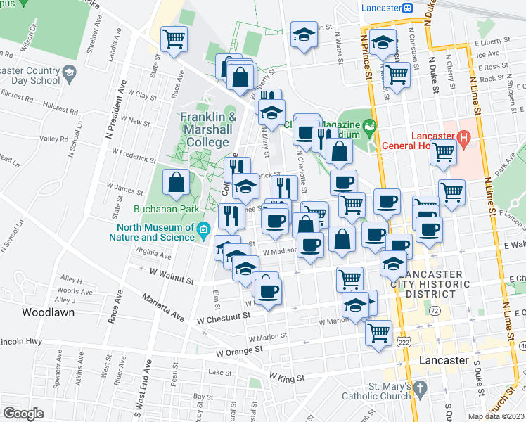 map of restaurants, bars, coffee shops, grocery stores, and more near 516 West James Street in Lancaster