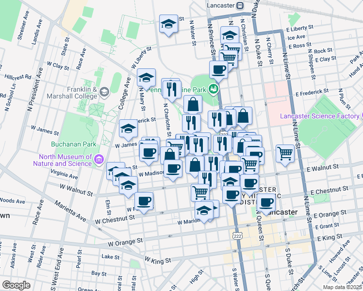 map of restaurants, bars, coffee shops, grocery stores, and more near 438 North Concord Street in Lancaster
